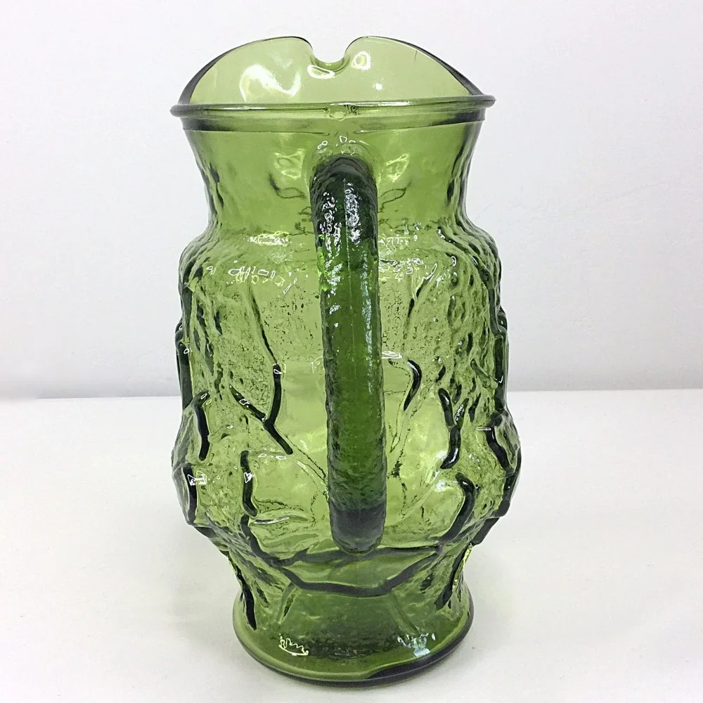 Vintage Anchor Hocking Rain Flower Avocado Green Glass Pitcher 60s 70s MCM